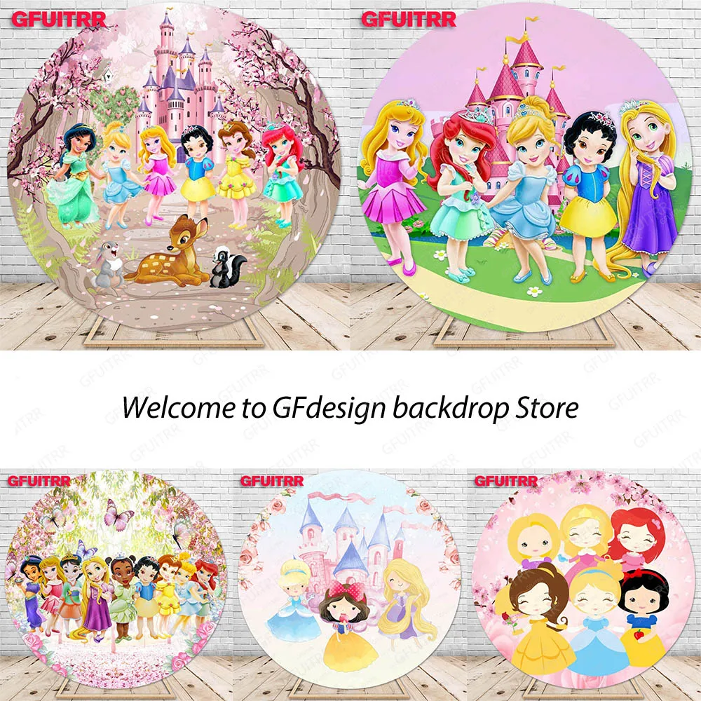 Disney Little Princess Backdrop Round Family Portrait Kid Birthday Party Decoration Photography Background Baby Shower Booth