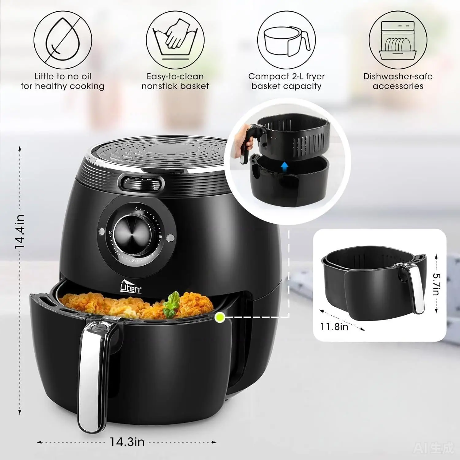 5.5L (5.8QT) Large Capacity Air Fryer, 1700W High Power Electric with Temperature Control and Timer Knobs, Nonstick and Dishwash