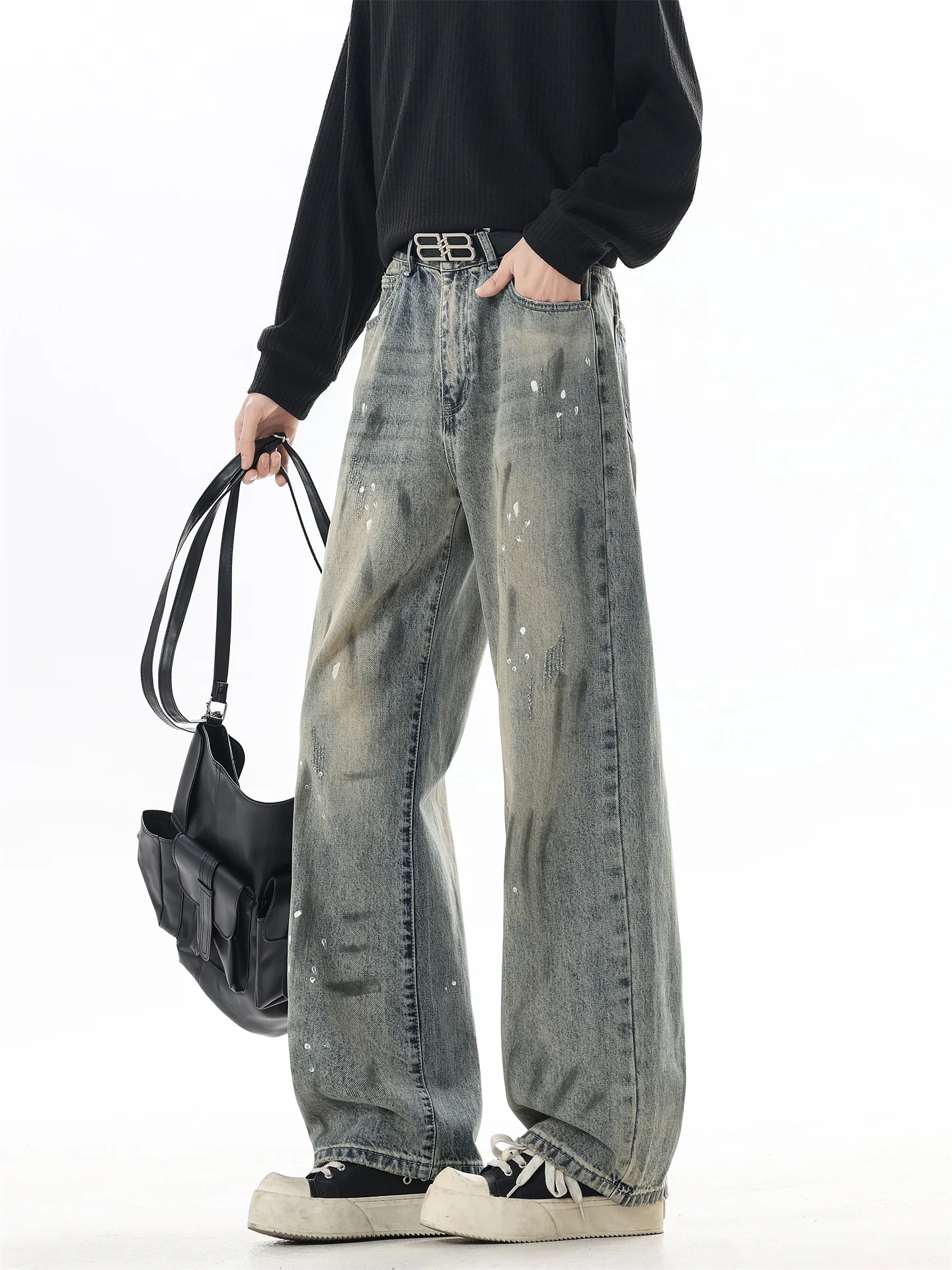 

Vintage Street Sle Men's Distred Straight Leg Jeans Dyeing Technique Casual Loose Fit Autumn Faion Trend Jeans