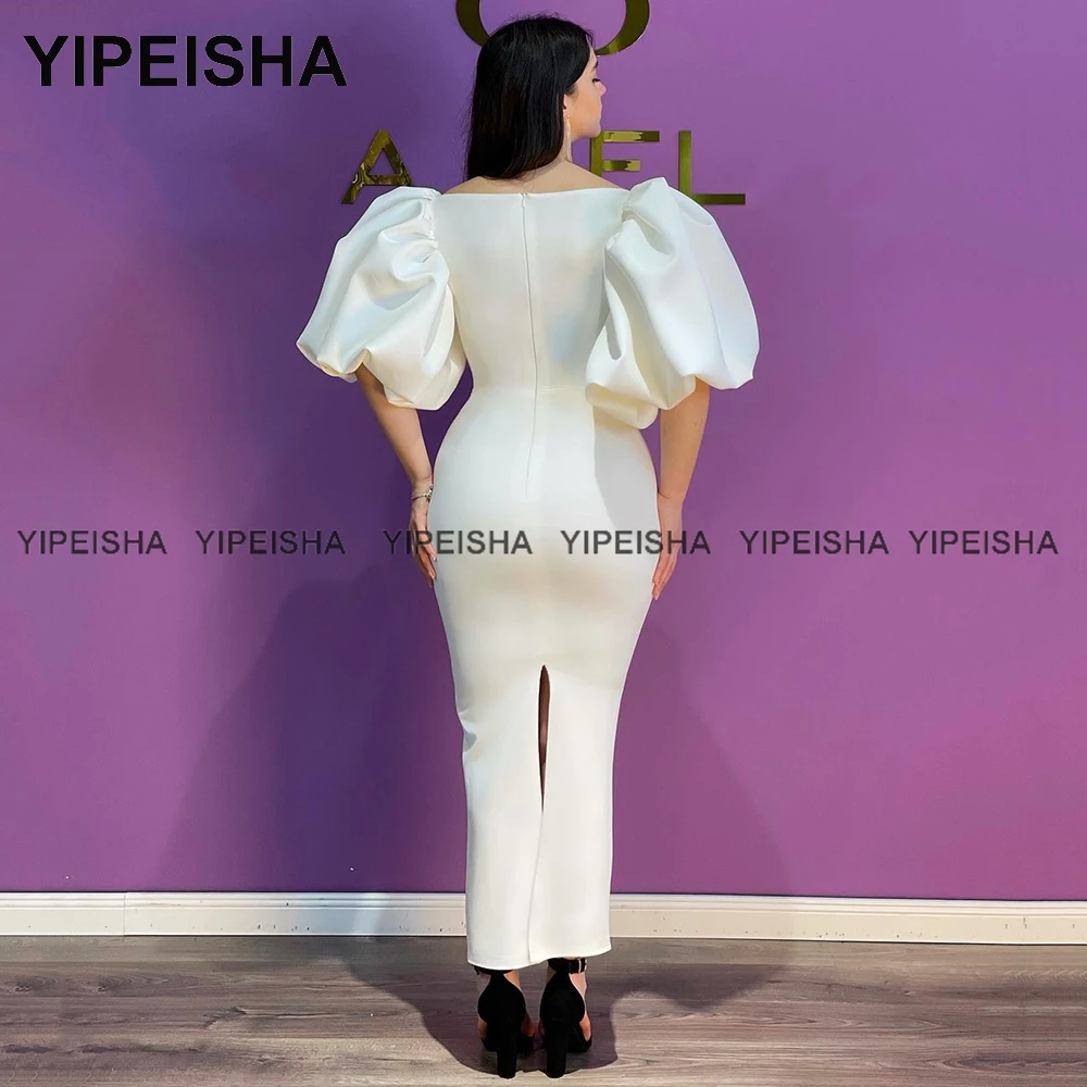 Yipeisha Scoop Puffy Sleeves White Cocktail Party Dresses Saudi Arabia Ankle Length Mermaid Prom Gown with Slit Robe de Soiree