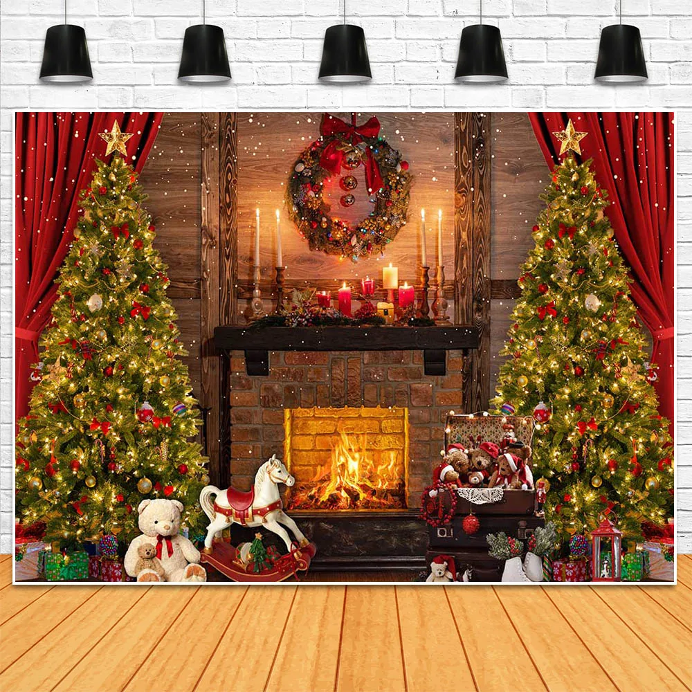 Mocsicka Christmas Backdrop for Photography Wooden Wall Fireplace Candle Garland Xmas Tree Family Portrait Photo Background Prop