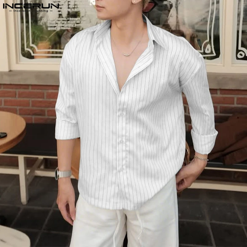 

INCERUN Men Striped Shirt Lapel Long Sleeve Loose Men Clothing Korean Style Streetwear Fashion Casual Male Shirts 2025 Tops