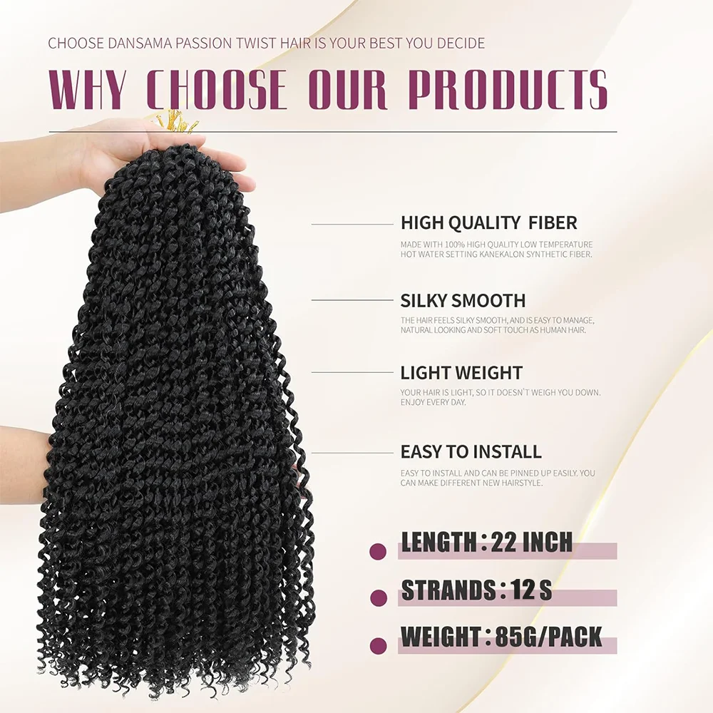 Rambut Crochet Passion Twist 22 Inci 7 Paket Rambut Crochet Gelombang Air untuk Wanita Kulit Hitam-Rambut Sintetis Kepang Bohemian Panjang