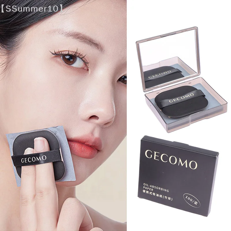 【SSummer10】100Pcs Bamboo Oil Blotting Papers with Mirror - Portable Facial Control Tool Kit Makeup Puff Absorbing Sheets【SS】