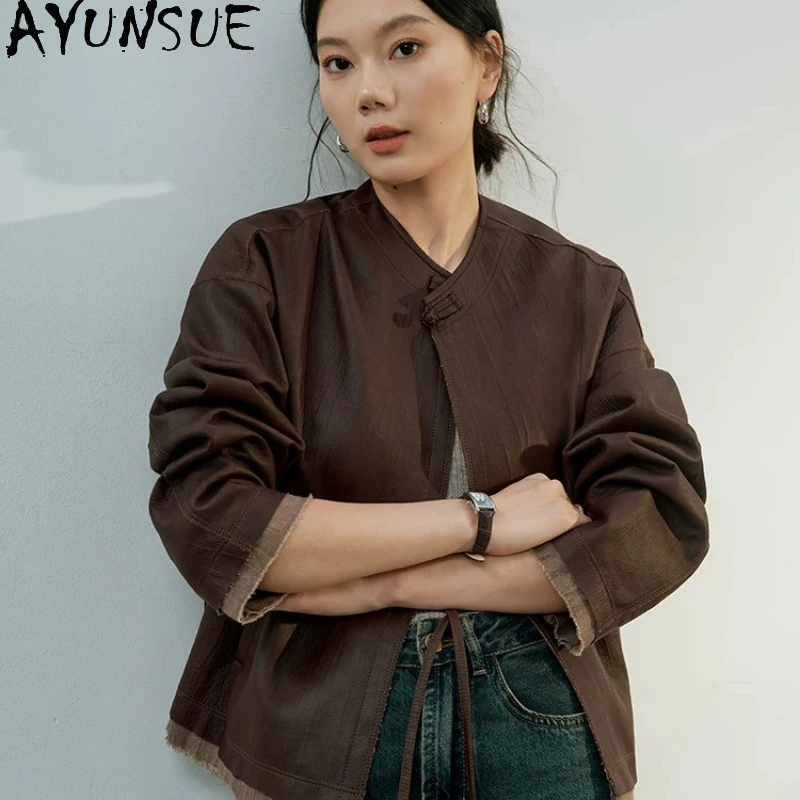 

AYUNSUE Real Leather Jacket Women Natural Sheepskin Womens Coats Spring Autumn Clothes Vintage Brown Coffee Jaqueta De Couro