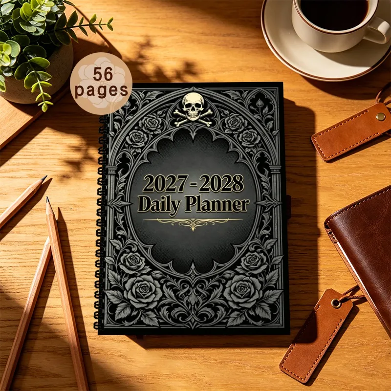 A5 2027-2028 Gothic Skull Rose Pattern Daily Planner, Monthly Planner Office Stationery Birthday Gifts for Work and Study Use