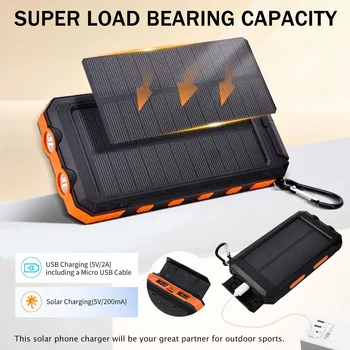 20000mAh Solar Charger Waterproof Portable Solar Power Bank Dual 5V USB Ports 2 LED Flashlight Compass for Outdoor Camping Hik 2
