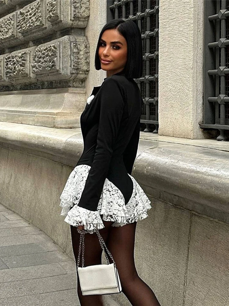 غريب سنور مثير كشكش ارتداءها المرأة الجاكار العميق الخامس الرقبة التلبيب المتدرج المرقعة كم كامل أنيقة تمتد نحيل كلوبوير #5