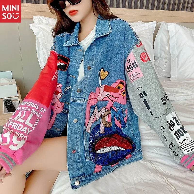 

Новинка 2023 года, джинсовая куртка, женская куртка в иностранном стиле с блестками, свободная верхняя куртка одного цвета, весенняя куртка