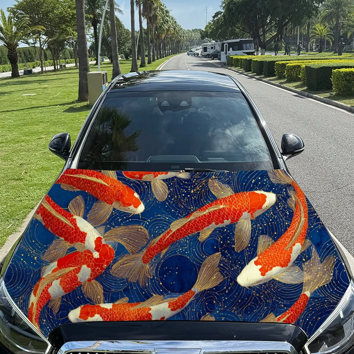 

Gorgeous Koi Fish PVC Car Engine Hood Vinyl Wraps, Self-Adhesive Waterproof Car Hood Decal Sticker, Car Decoration Protection St