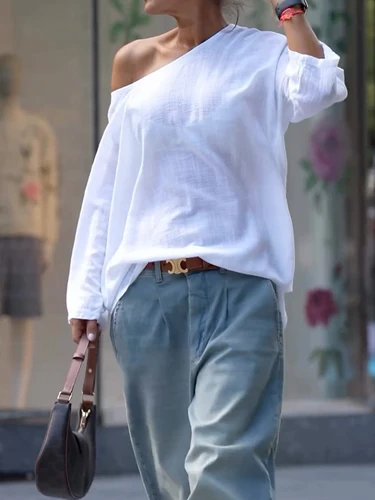 Imagen 2 del producto 2025 verano primavera Casual camisetas blancas de un solo hombro de manga larga suelta Simple básico Tops camisetas S-2XL