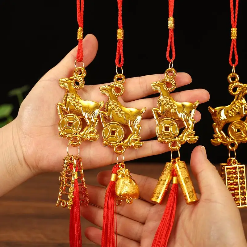 Hot Golden Chinese Zodiac Goat Hanging Ornaments With Red Tassel Lucky Charms For Spring Festival Home Car Decor