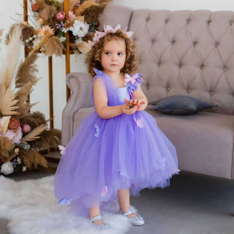 Purple Flower Girl Dresses Tulle Puffy Butterfly With Zipper Sleeveless For Wedding Birthday Banquet First Communion Gown