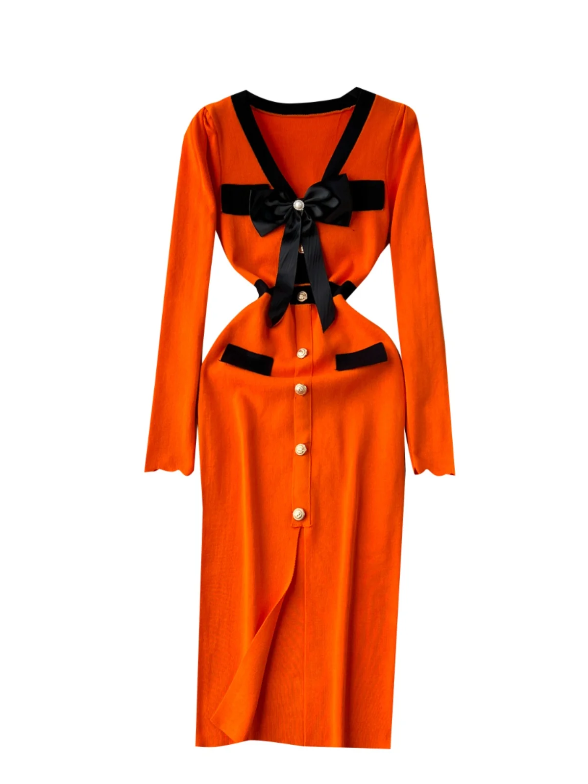 فستان طويل أنيق محبوك للنساء لفصلي الخريف والشتاء بخصر مرتفع وتصميم عقدة الفراشة، أسلوب خيالي فاخر، نسخة كورية للعمل