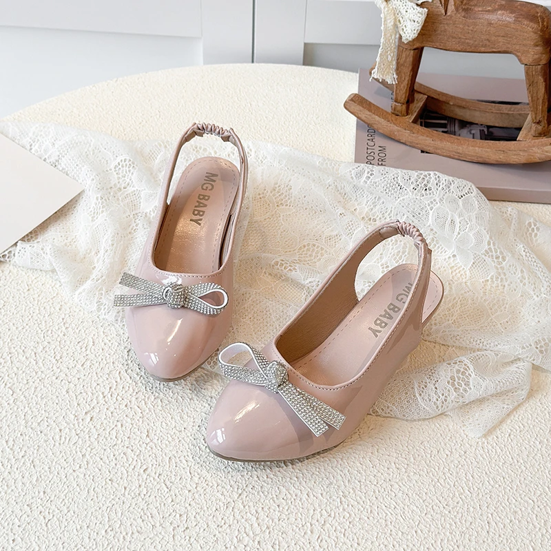 Girls Fashion Sandals 3-18 Years Old Pink Bow Girls High Heels Black Anti-slip Middle and Big Children Princess Shoes Sandals