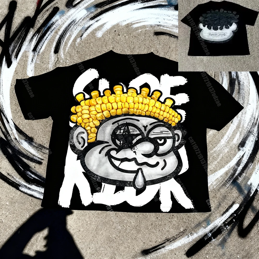 كبير رئيس طفل رسومات الشعار المبتكرة تي شيرت الرجال النساء خمر الأعلى الهيب هوب الشارع الشهير المتضخم قصيرة الأكمام ملابس كاجوال الصيف المحملة