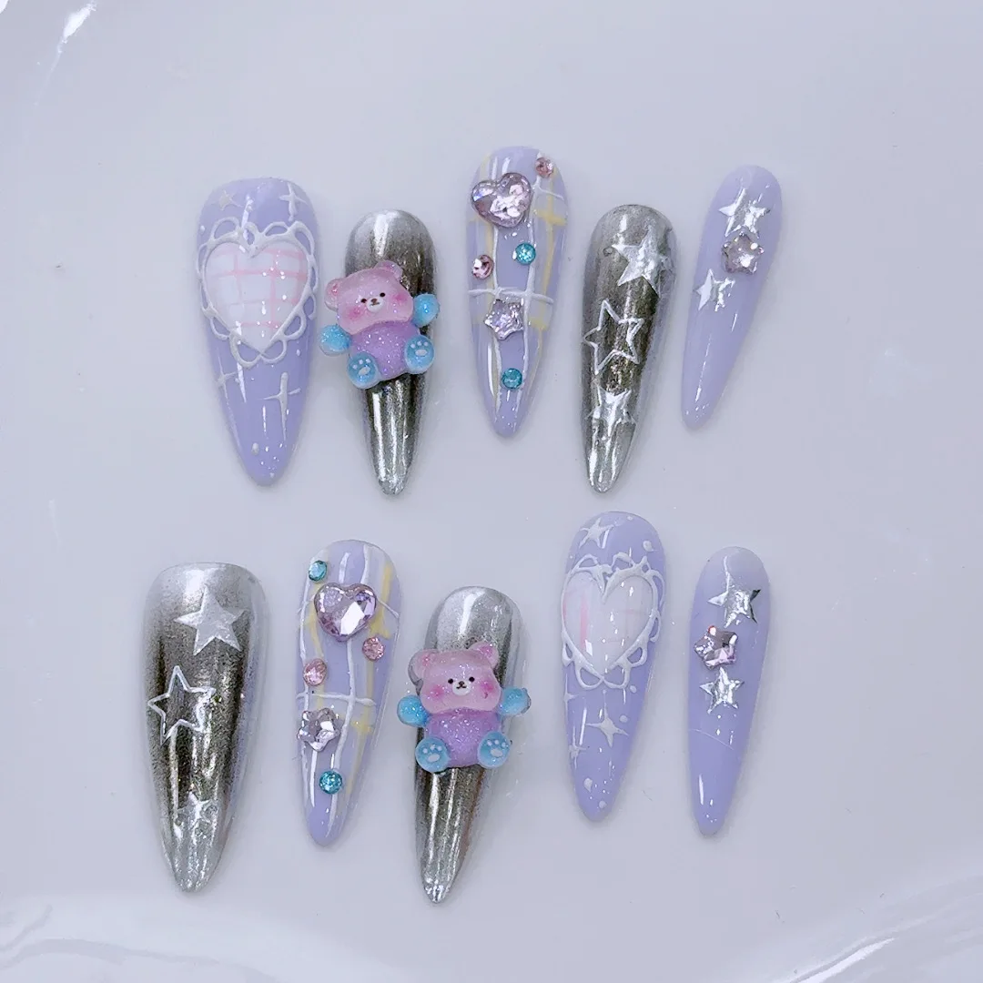 10pcs Handmade Press on Nails Y2k Purple Star Print Spice Girl Fake Nails with 3D Cute Bear Design Sweet Cool False Nails Tips