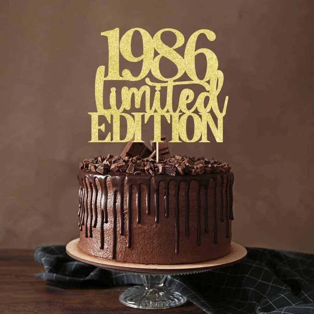 1 Stück 1986 Tortenaufsatz, Prost bis 40 Jahre, goldfarbenes Glitzer-Jubiläumsdekor für Männer und Frauen, handgefertigt – Detail 5