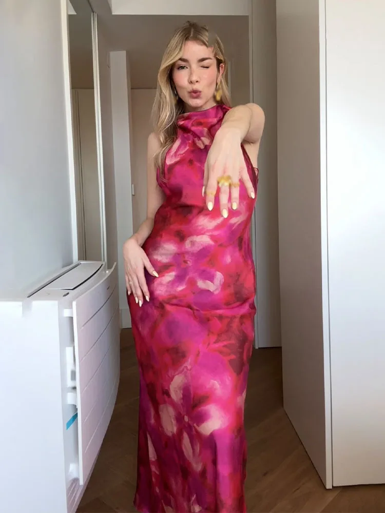 HH Women 2025 Spring New Silk Satin Texture Print Sleeveless Midi Dress Female Light Luxury Elegant Slim Long Dress Mujer