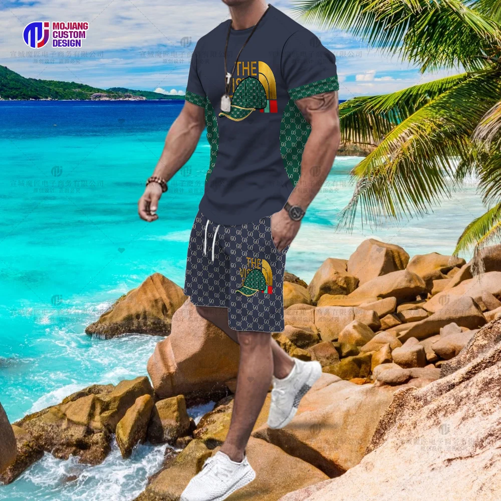 Men's Summer Short-Sleeved T-Shirt Casual Suit Trend Tide Brand Fashion Cap Letter Graphics 2023 New Shorts Set