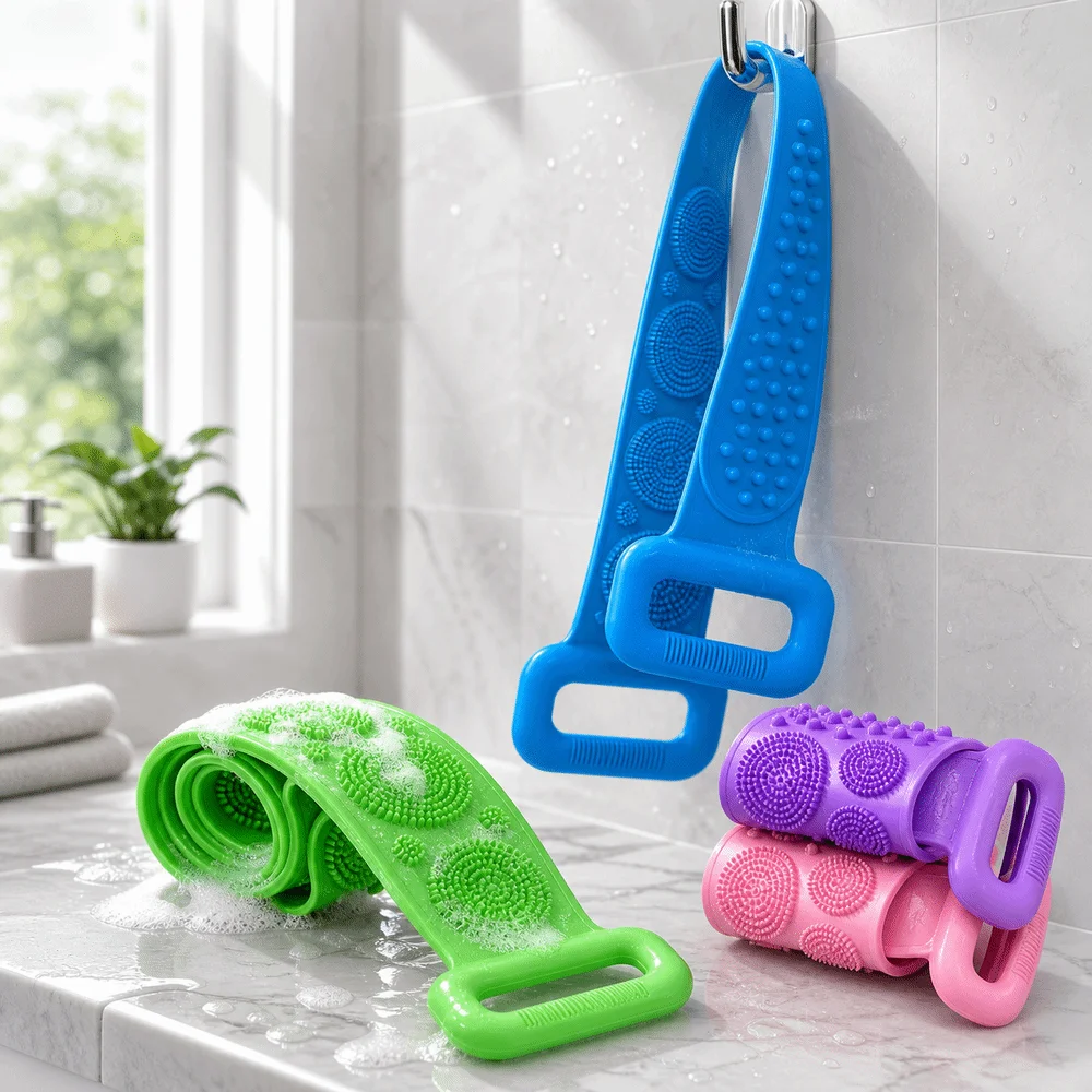 Double-Sided Silicone Body Scrubber Long Strip Back Reaching Bath Brush Flexible Non-Slip Grip Exfoliating Bath Towel