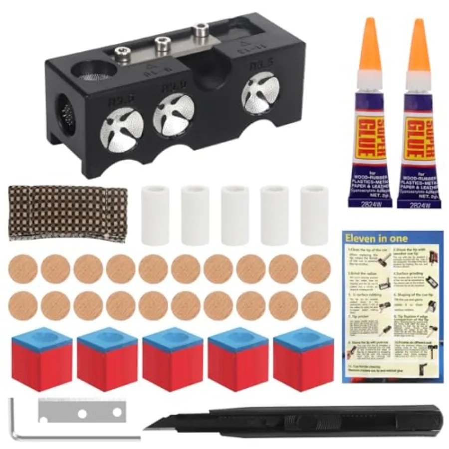 

Pool Cue Tips Replacement Kit: 11 in1 Billiards Pool Cue Tip Repair Shaper Tool with 20pcs cue Tips 5 Chalk for Replacement