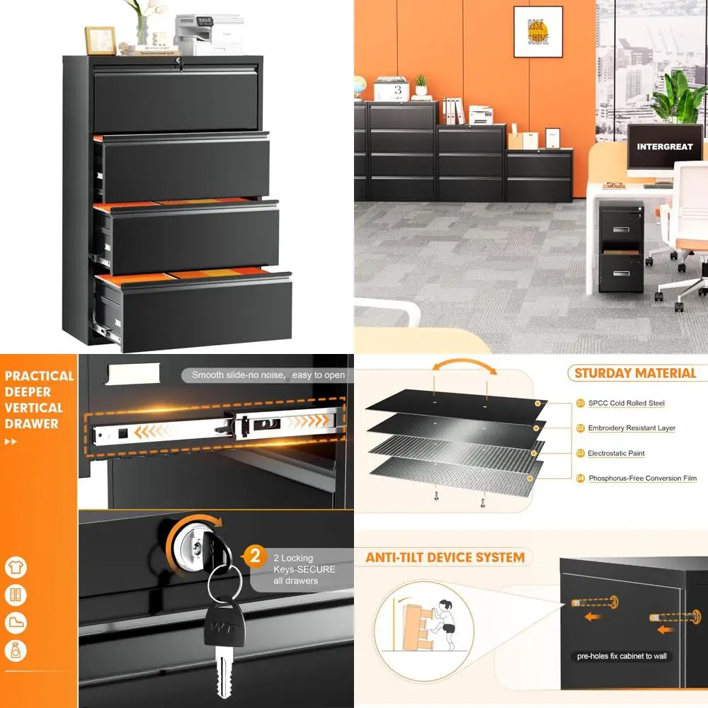 خزانة ملفات جانبية معدنية من الفولاذ مع قفل، نظام حفظ المكتب المنزلي بأربعة أدراج للتخزين السريع والأمان