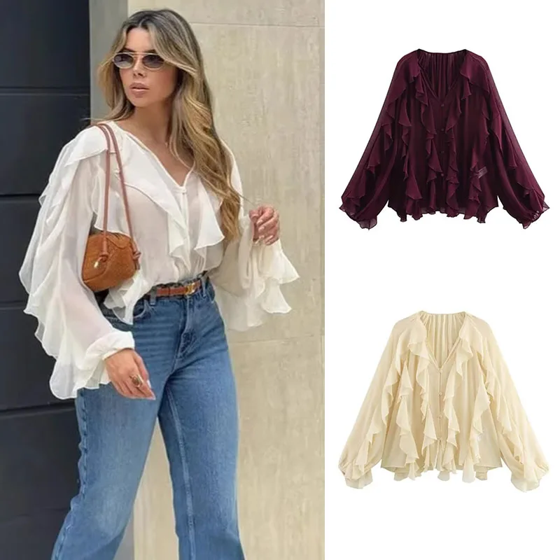 

Women Ruffles Shirt Solid Color Spring Autumn Chic Streetwear Female Sexy V-neck Lantern Sleeve Blouses Lady Elegant Button Tops