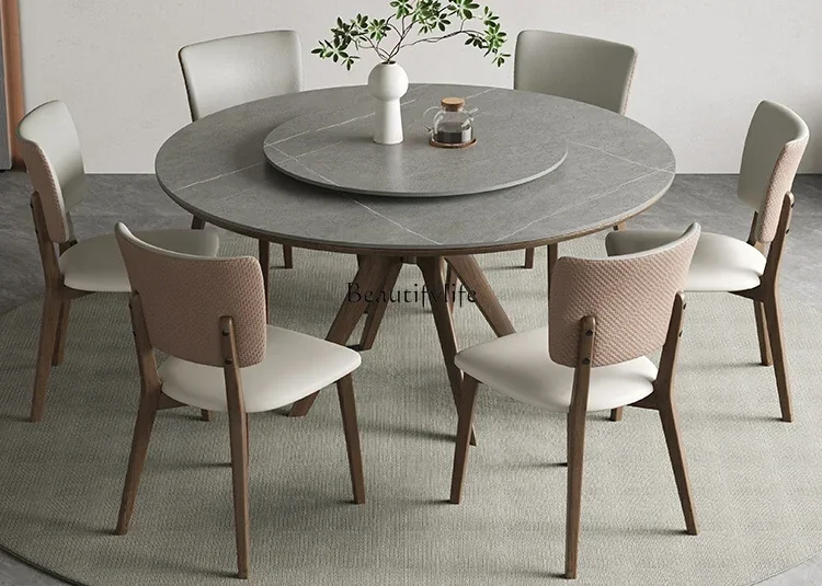

lSolid wood round household small apartment modern simple light luxury rock slab dining table round table with turntable