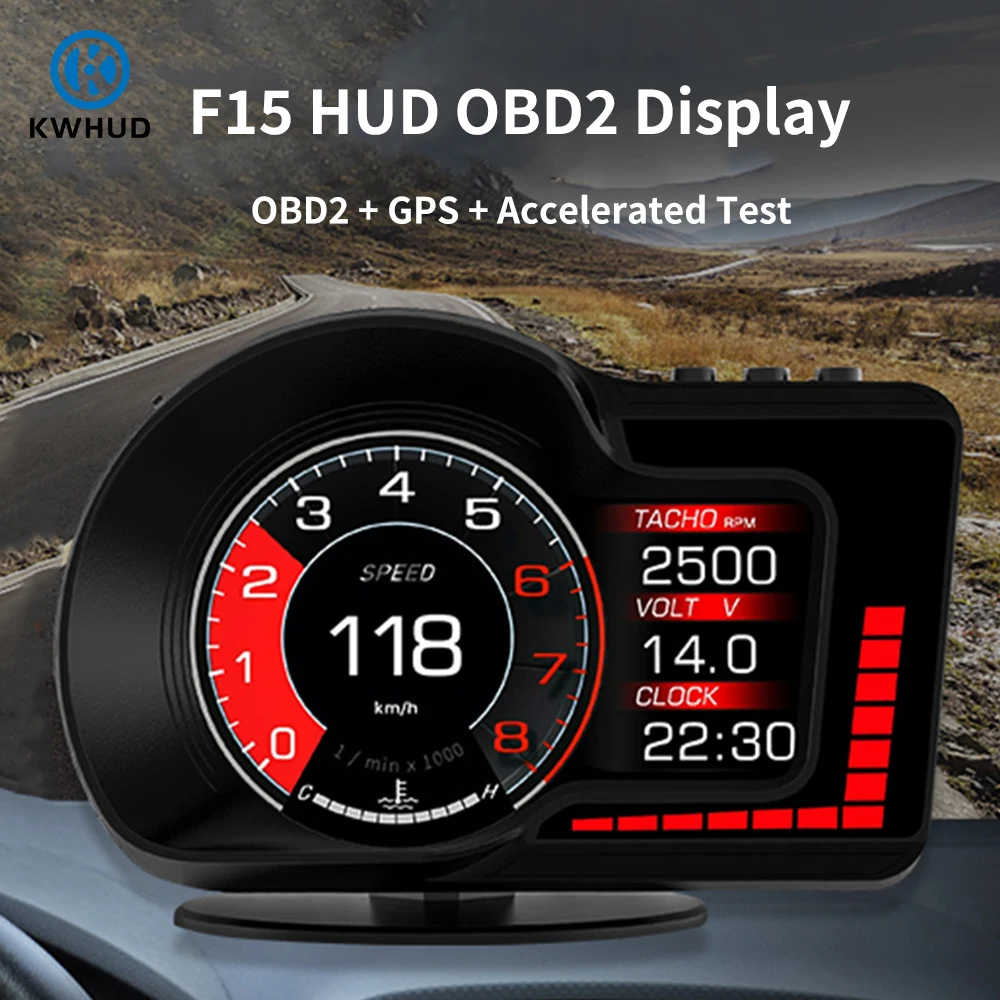 

KWHUD F15 Hud Head Up Display Car On-board Computer OBD2 GPS Digital Speedometer Water&Oil Temp Gauge for Gasoline Car 2008-2024