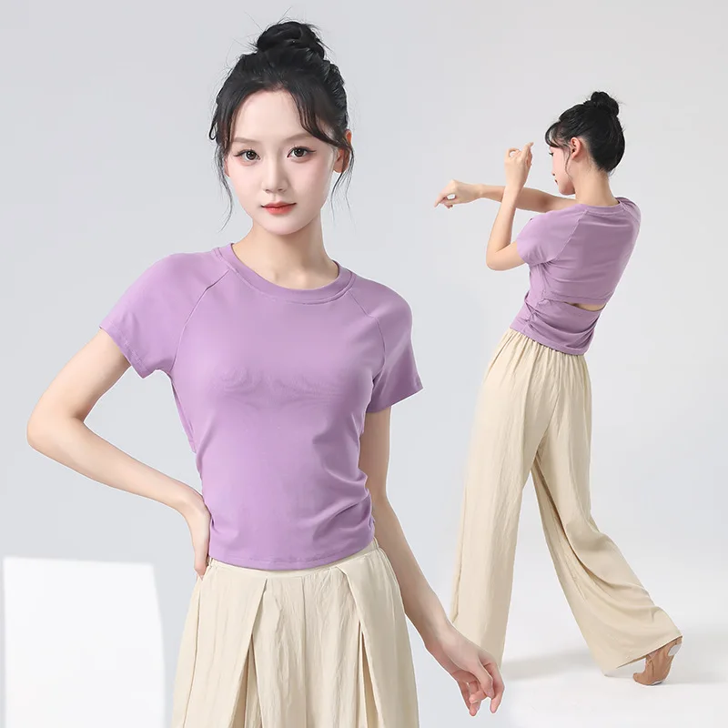 Short Sleeve Women Modern Dance Tee Shirt Team Basic Body Rhyme Yoga Top Back Cut Sexy Dancer Practice Clothes Classical 2024