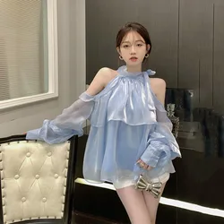 Korean Elegant Ladies Tops Shoulderless Chiffon Solid Ruffle Shirts Long Puff Sleeves 2023 Summer Hollow Loose Bandage Blouses