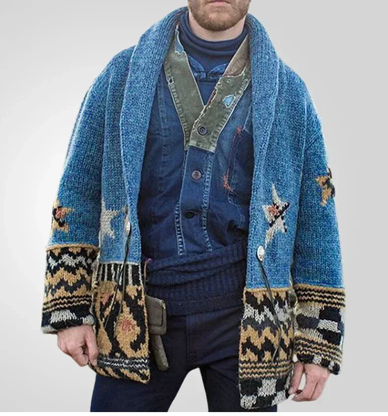 Cárdigan para hombre, suéteres, abrigo de longitud media, grueso, informal, con cuello vuelto, abrigos de punto estampados de manga larga, Tops de punto abiertos para Otoño e Invierno