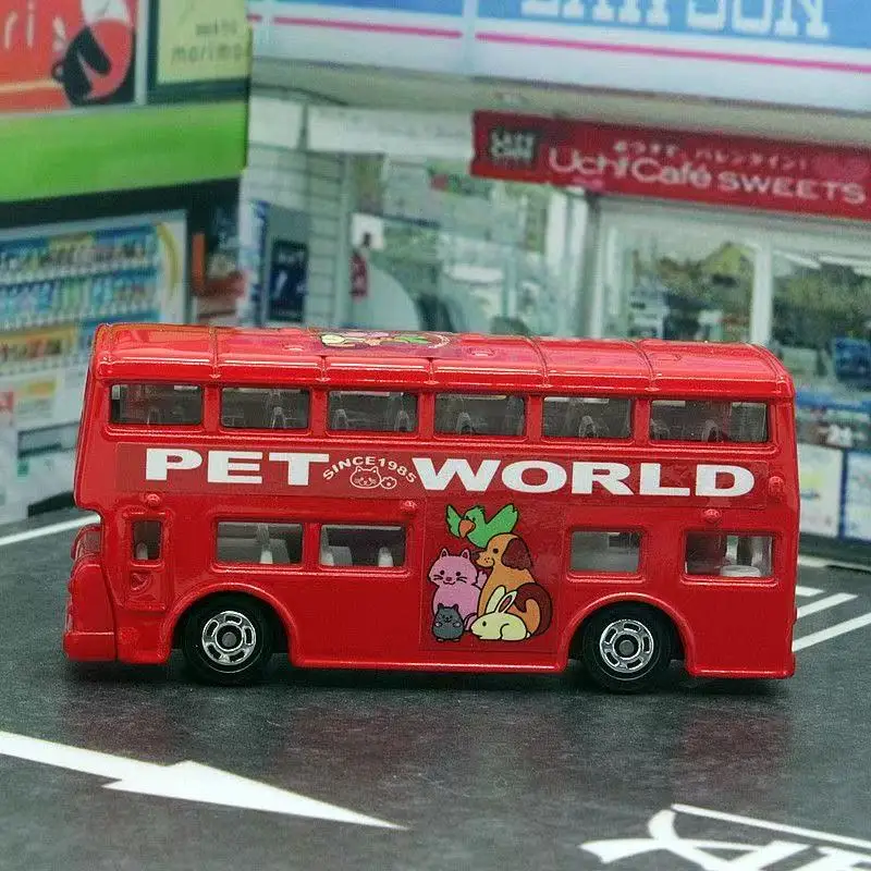 TOMY Alloy Car London Bus หมายเลข 90 Double-Decker 1/130 คอลเลกชันรถเครื่องประดับการ์ตูนสีแดงและสีขาวกล่องเด็กของขวัญของเล่น