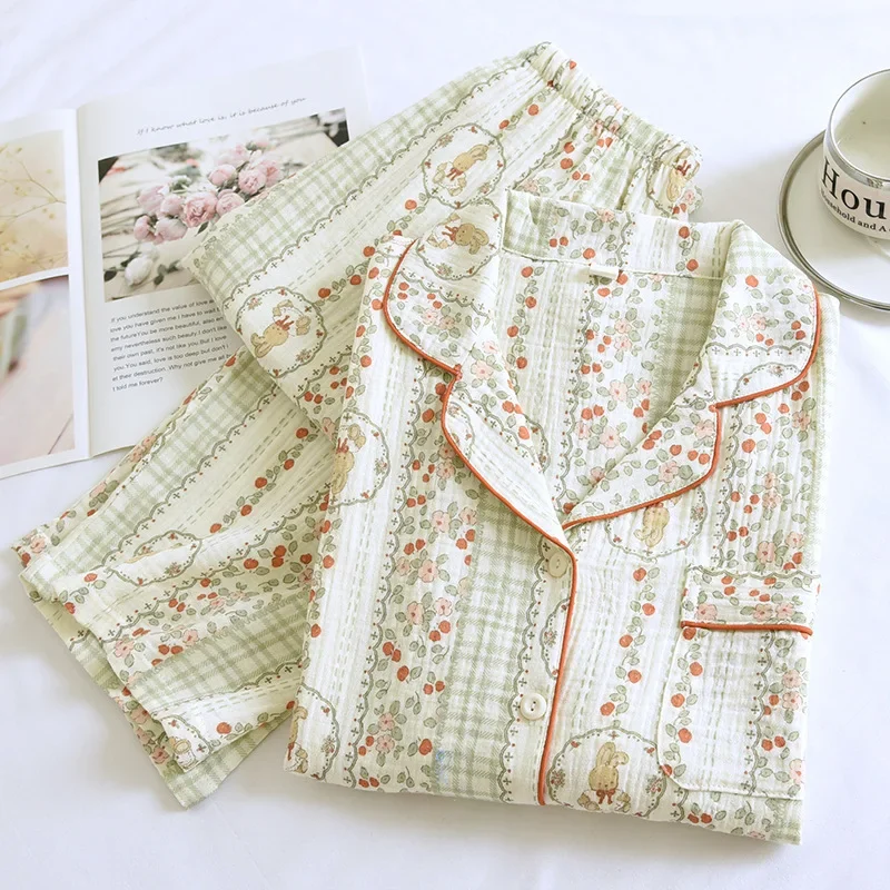 2024 New Spring and Autumn Women's Sleepwear Long Sleeve Long Pants Two Piece Set 100% Cotton Cardigan Sweet Home Clothing Set