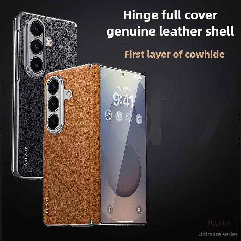 Étui de luxe classique en cuir de vache véritable pour Samsung Galaxy Z Fold7, coque arrière de protection avec charnière magnétique, armure d'axe