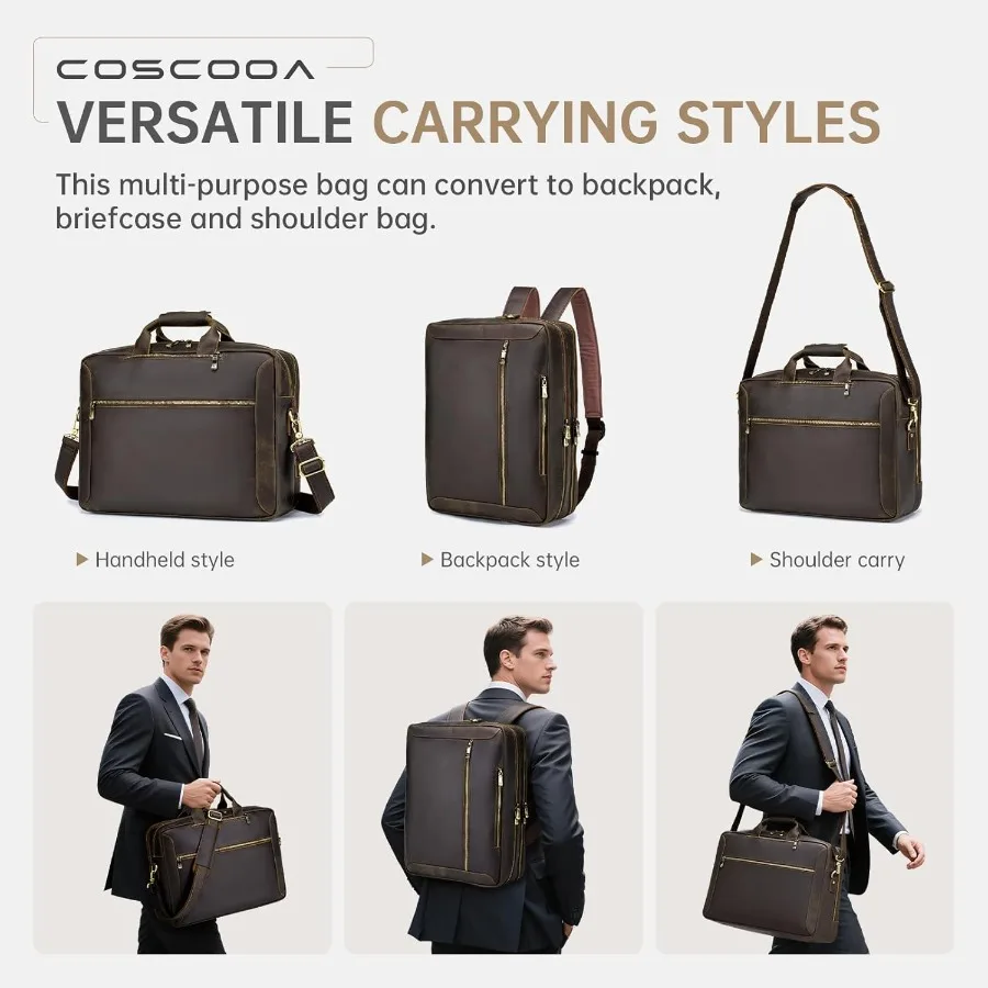 حقيبة ظهر كبيرة من الجلد المحبب بالكامل قابلة للتحويل للرجال حقيبة سفر للأعمال حقيبة ساعي تناسب كمبيوتر محمول مقاس 17.3 بوصة #6