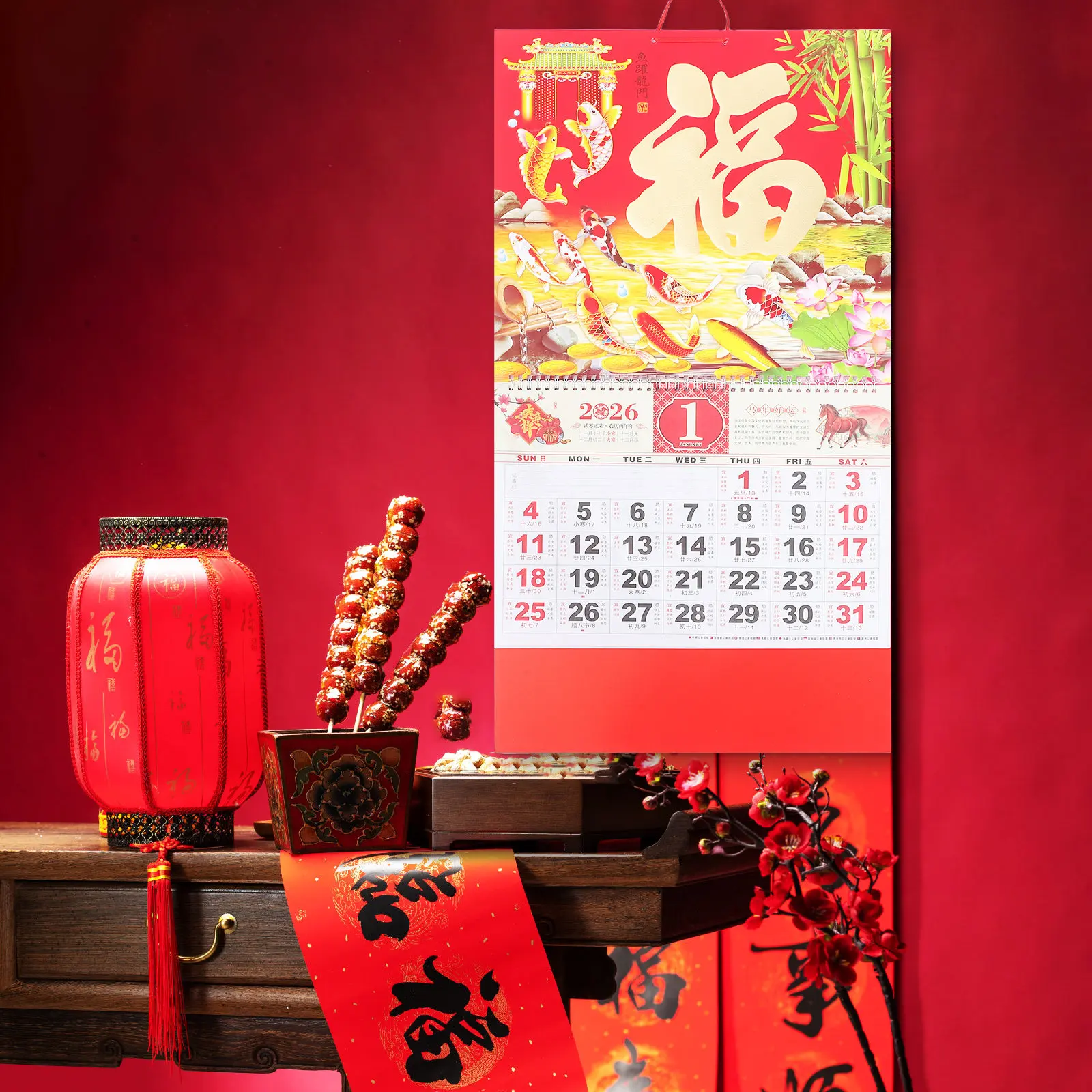 Year of Horse 2026 Chinese Lunar Calendar Wall Hanging Decor Gold Foil Fu Character Paper Wall Calendar for Home Office