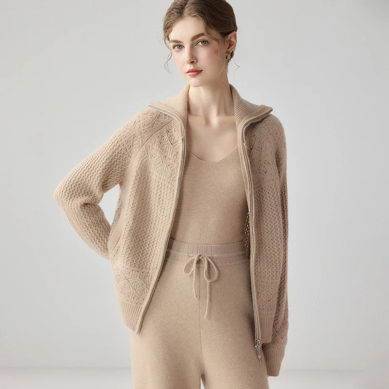 Autumn Winter Women's 100% Cashmere Cardigan Sweater Half-Zip Folded Collar Waffle Textured Knit Mellow Casual Knit Outerwear