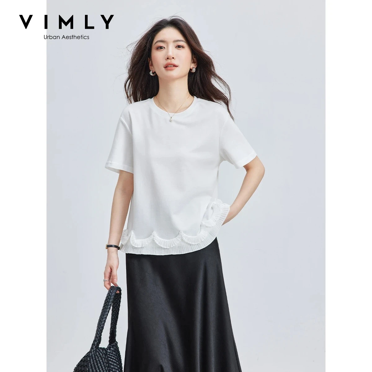 VIMLY Versatile Casual White Short Sleeve Top Women Fashion Ruffle Hem Design Summer Minimalist Everyday Basic T-shirt A6333