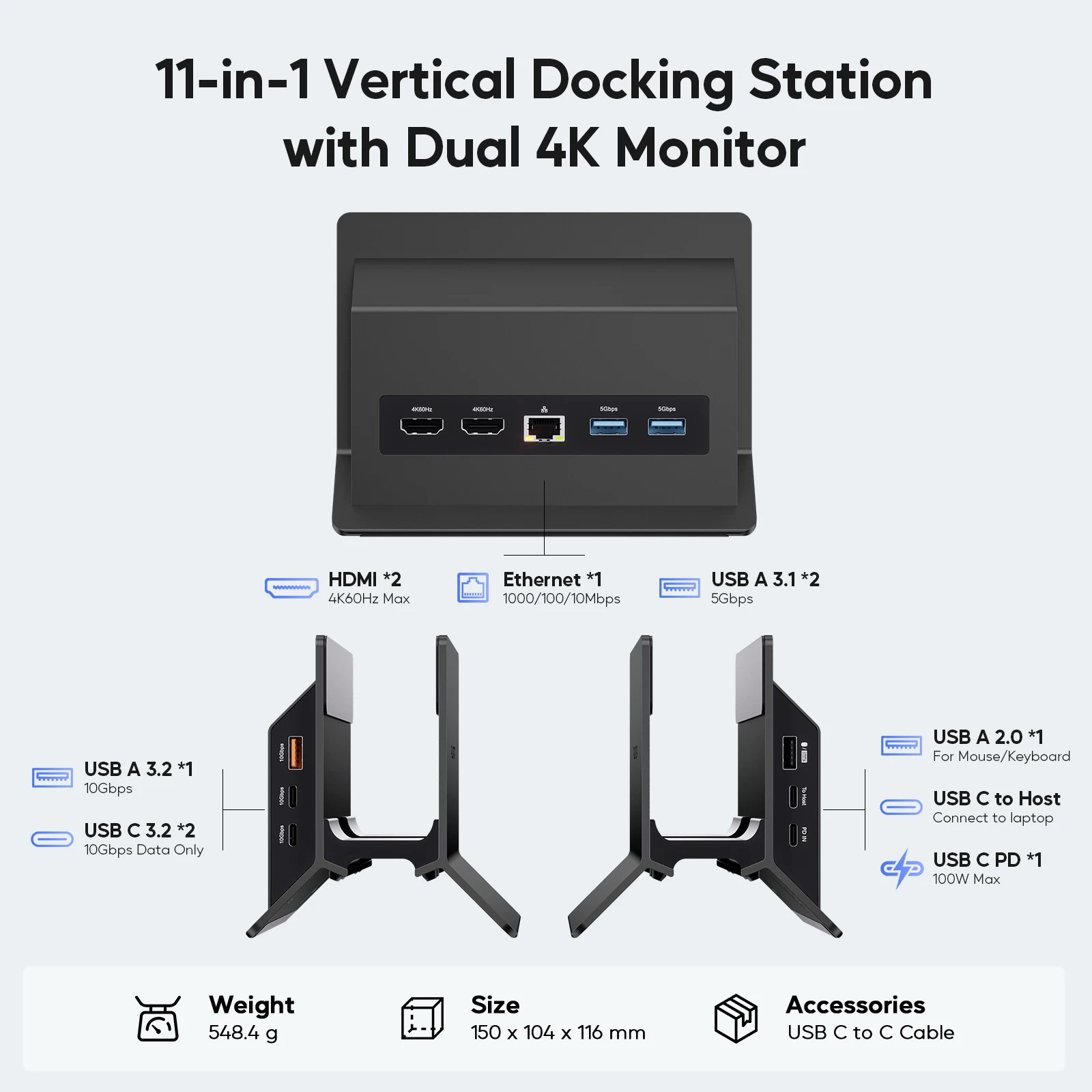 Stacja dokująca PULWTOP USB C z podwójnym monitorem do laptopów typu C, z HDMI 4K@60Hz, USB A/C 10Gbps, Ethernet, USB A 2.0, PD-czarny