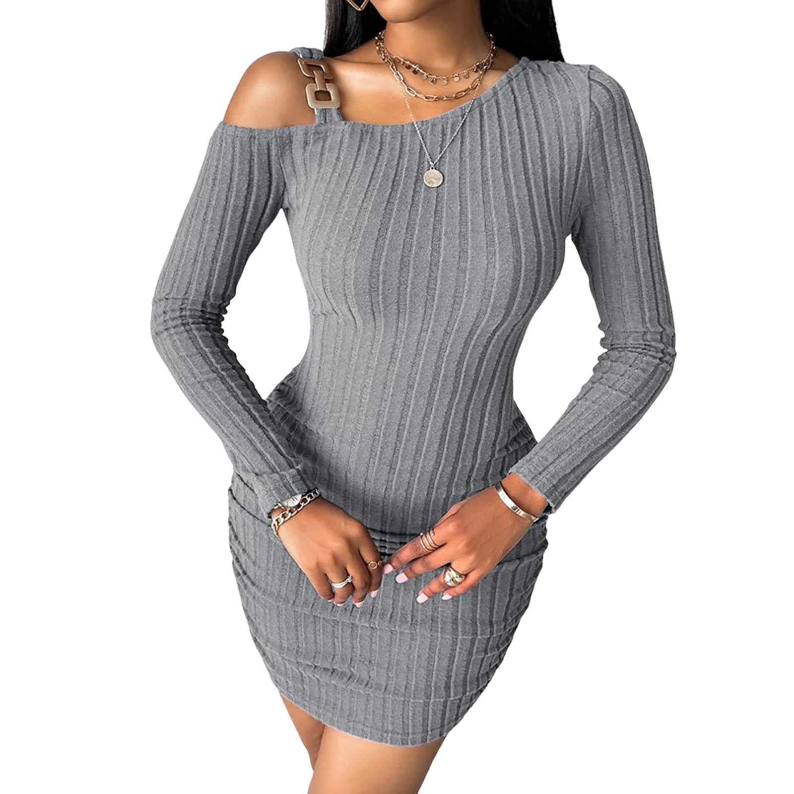 여성용 반오프숄더 드레스 단색 스타일리시 니트 바디콘 드레스 여성 슬림 섹시 긴팔 편안한 드레스