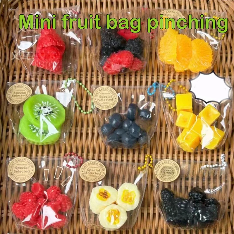 1pc Kawaii Simulation Stress Relief Toy Sticky TPR Mini Fruit Bag Keychain Pendant Relief Super Soft Squeeze Toy Gifts For Kids