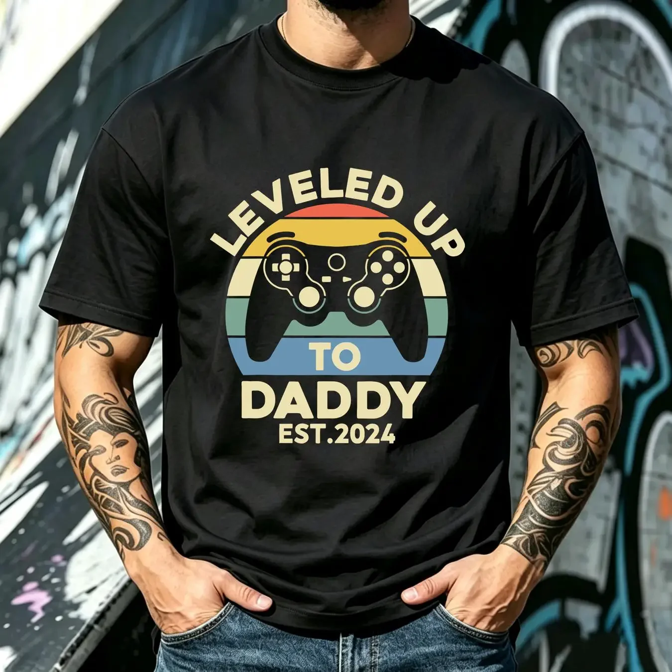 washed T Shirt I Leveled Up To Dad Est 2024 Level Unlocked New Daddy Father Father's Day For Husband long or short sleeves