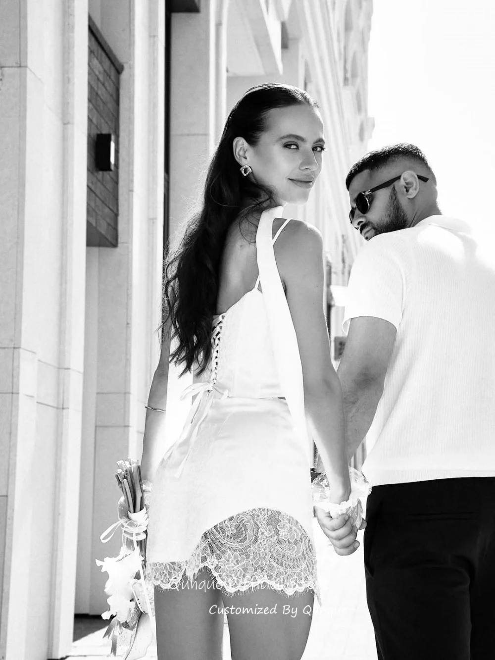 Qunque Strapless Lace Trim Ribbons Wedding Dresses Mini Illusion Bridal Outfit Gowns Handmade Vestido De Novia Boda Customized