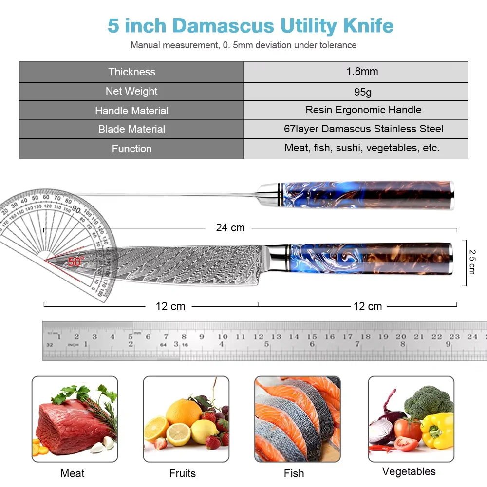 Professional Kitchen Knife 5 inch Utility Knife Japanese VG-10 Damascus Steel Paring Knife Sharp Fruit Knife Full-tang Handle