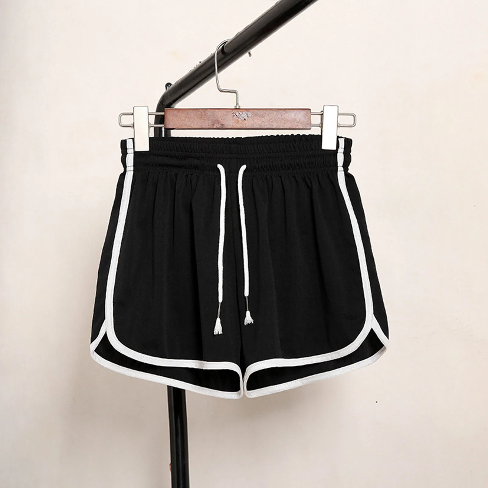 Shorts soltos com cordão feminino, bloqueio de cores, renda, elástico na cintura, bolso, confortável, casual, feminino, tamanho grande, verão