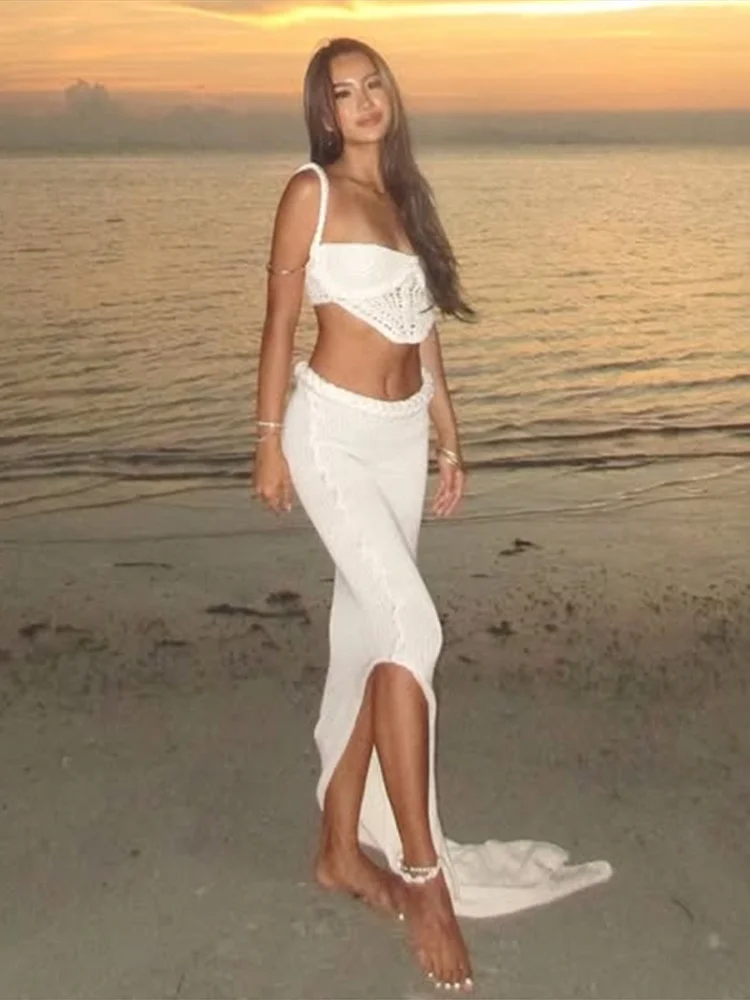 여성용 캐주얼 니트 투피스 세트, 우아한 민소매 백리스 크롭탑, 힙패키지 롱 스커트, 시크한 단색 숙녀 홀리데이 세트