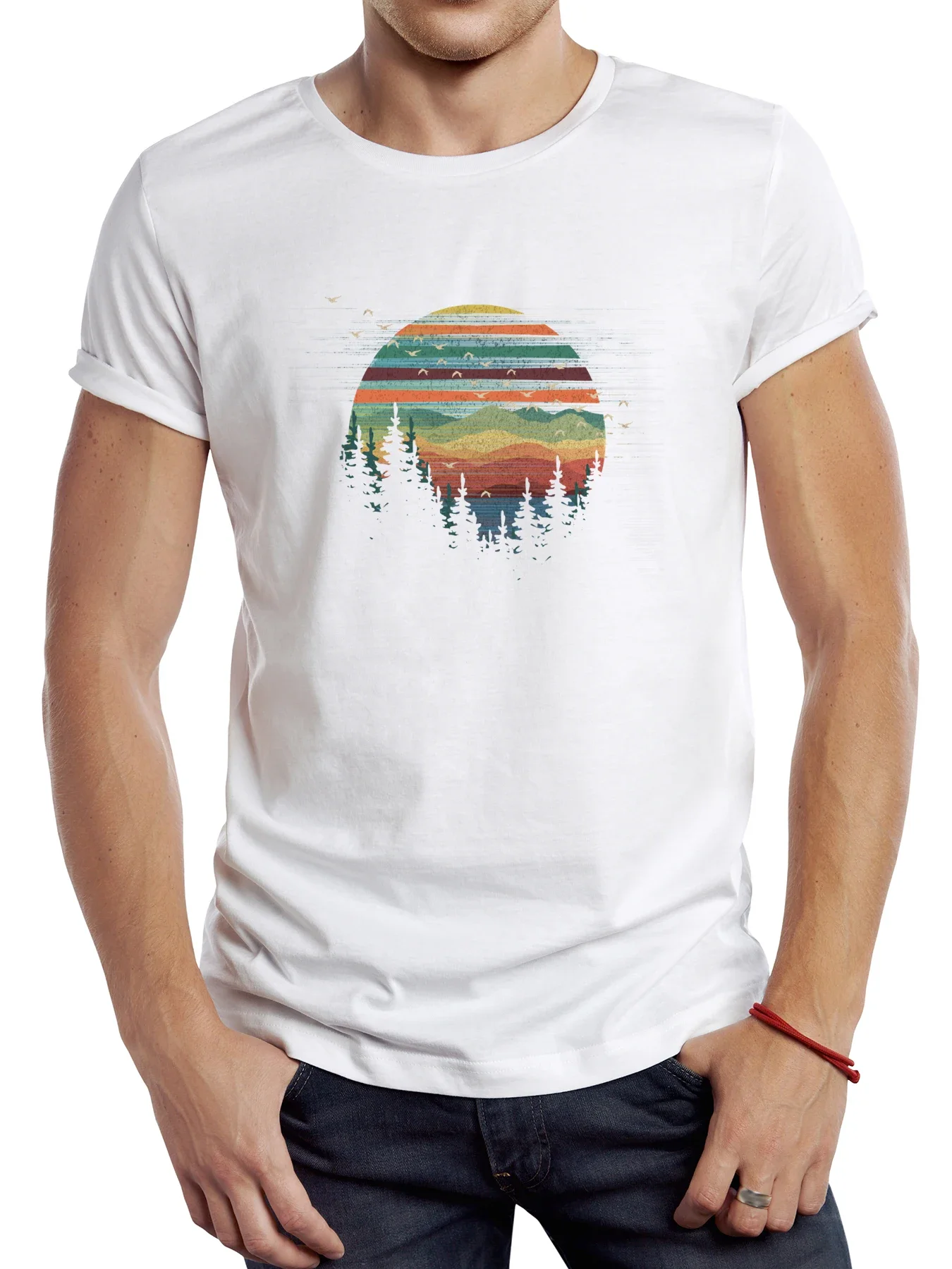 TEEHUB Geometric Nature Sunset Vibes Men T Shirt Graphic Vintage Art Forest Sport Cloth Retro Tops Hipster Tee