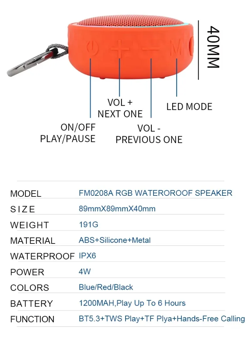 IPX6 Waterproof Bluetooth Speaker Round RGB Wireless Portable with Clip High Quality